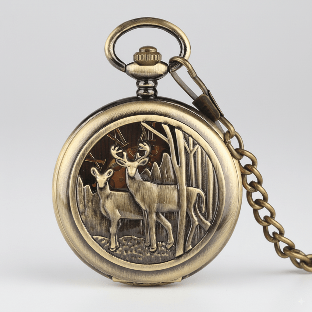 Montre à Gousset Mécanique avec Gravure de Cerfs