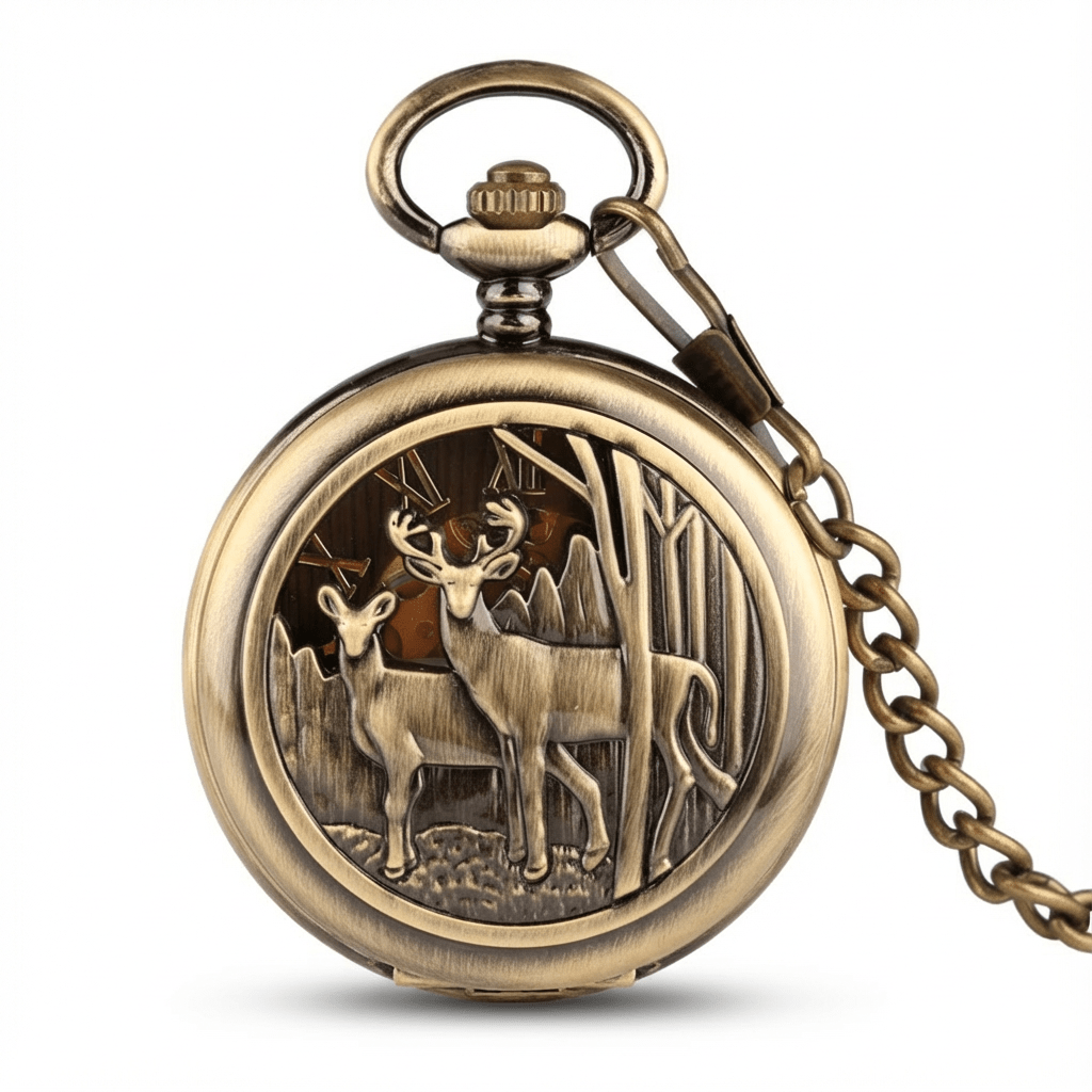 Montre à Gousset Mécanique avec Gravure de Cerfs - fermé
