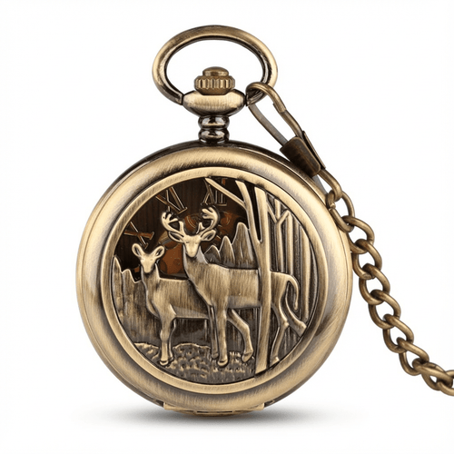 Montre à Gousset Mécanique avec Gravure de Cerfs - fermé