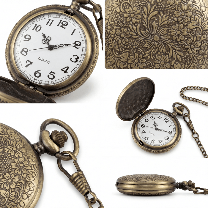 Montre à gousset Ange Gardien en bronze vintage avec gravures florales et cadran quartz blanc