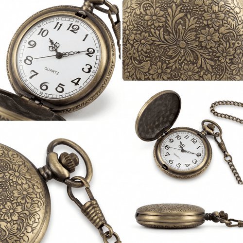 Montre à gousset Ange Gardien en bronze vintage avec gravures florales et cadran quartz blanc