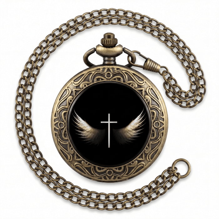 Montre à gousset Ange Gardien avec chaîne en métal bronze style antique