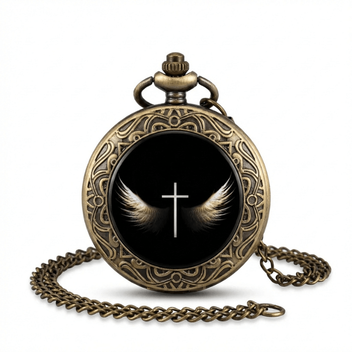Montre à gousset Ange Gardien avec croix blanche et ailes d’ange sur fond noir