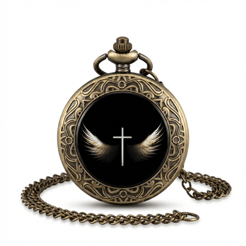 Montre à gousset Ange Gardien avec croix blanche et ailes d’ange sur fond noir