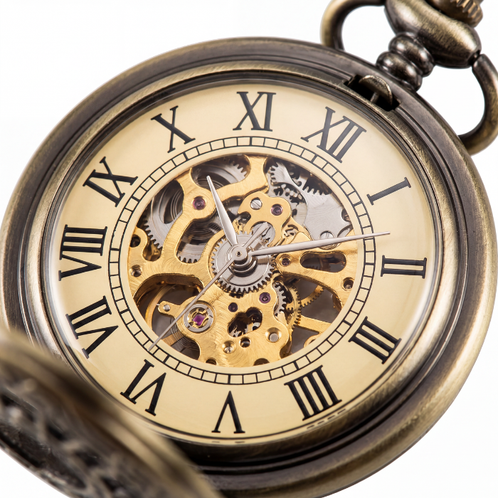 Gros plan du cadran beige avec chiffres romains et mécanisme apparent de la montre à gousset mécanique antique