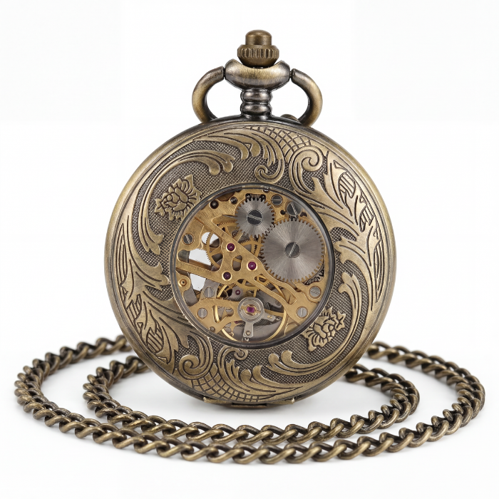 Dos gravé avec fenêtre mécanique apparente de la montre à gousset mécanique antique design astronomique