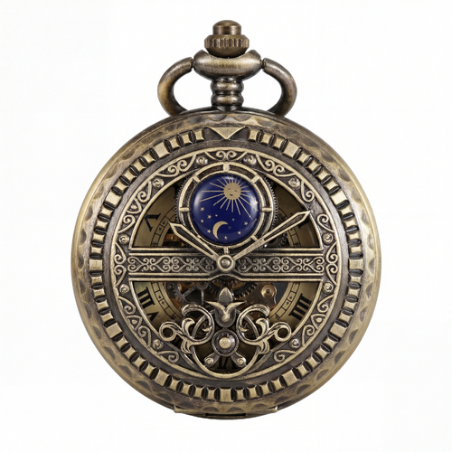 Montre à gousset mécanique antique design astronomique avec cadran décoré et complication soleil lune bleu nuit