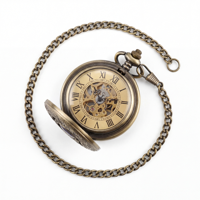 Montre à gousset mécanique antique design astronomique ouverte avec chaîne en bronze disposée en cercle sur fond blanc