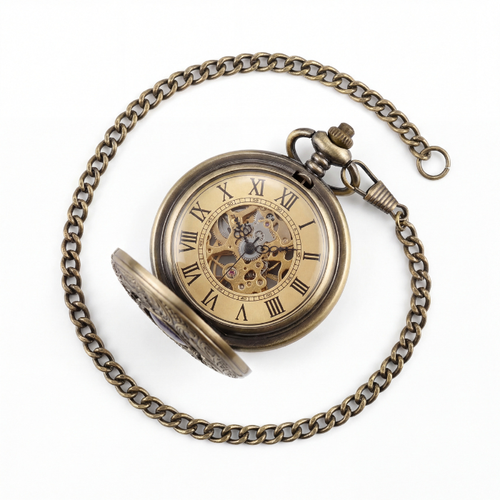 Montre à gousset mécanique antique design astronomique ouverte avec chaîne en bronze disposée en cercle sur fond blanc